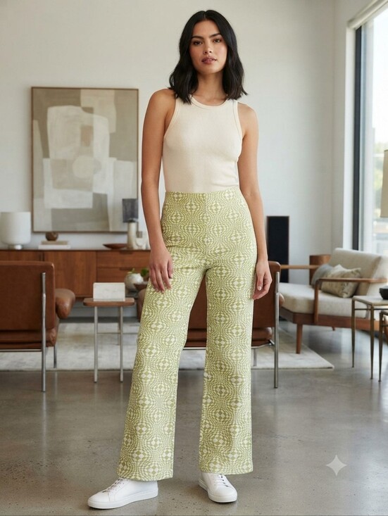 Wayf Pants - WAYF Green White Retro Checkerboard Flare Trouser Pants Size XS Linen Rayon